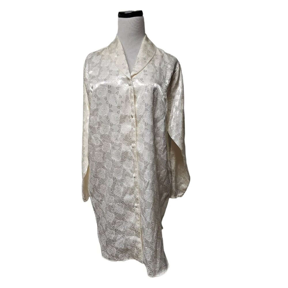 90s - 00s Erika Taylor Intimates off white rose pattern long sleeve satin nightg
